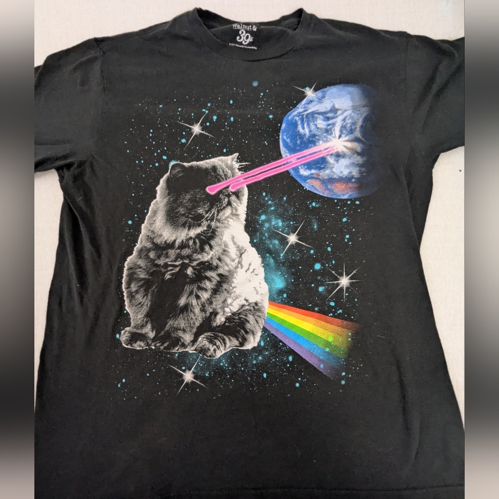 Cat Laser Eyes Rainbow Prism Space Funny Graphic T-Shirt 100% Cotton Size Large